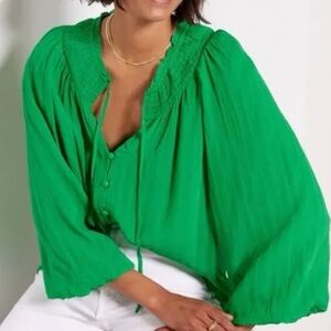 Sanctuary Green Smocked Blouse with 3/4 Sleeves